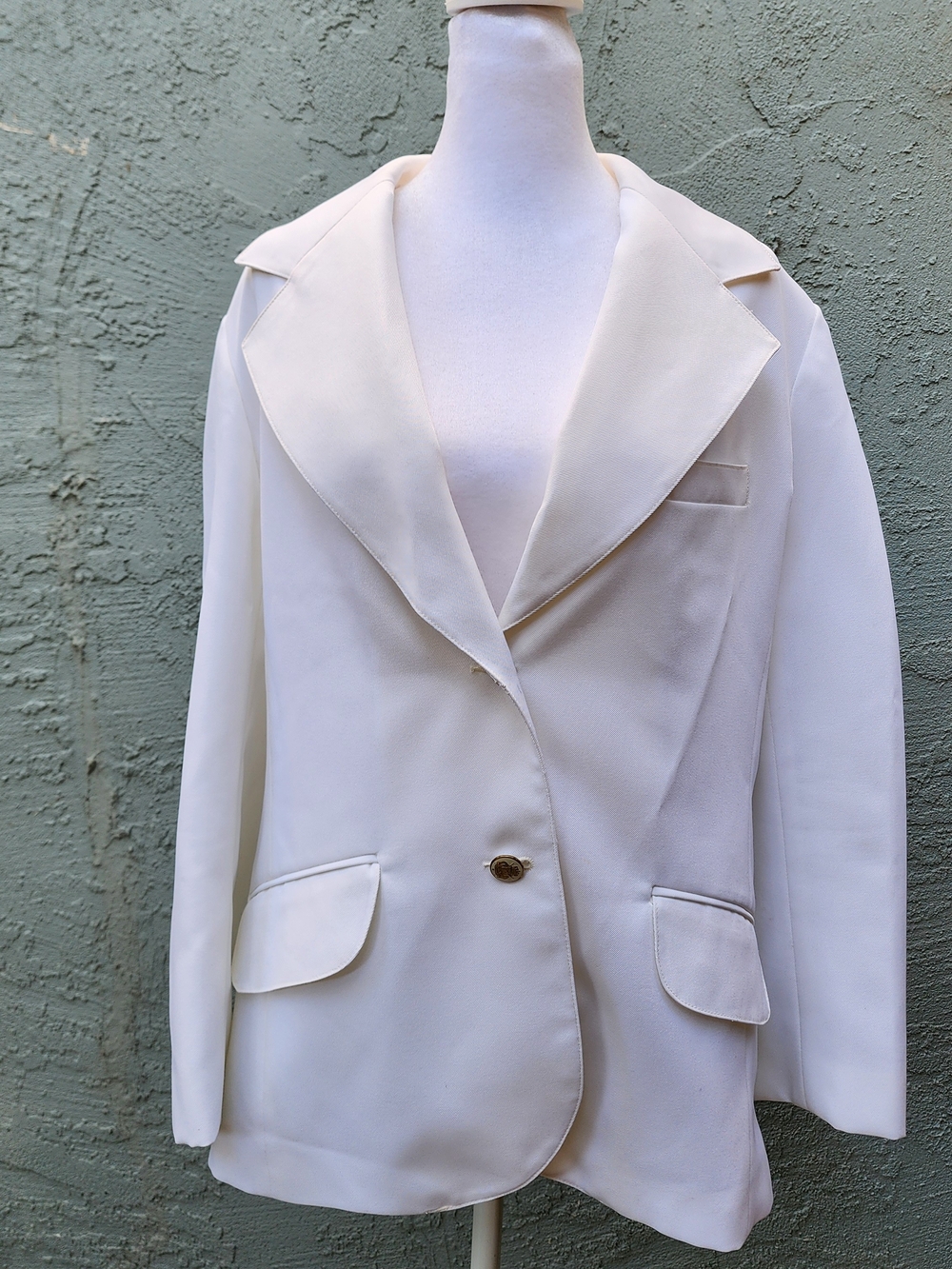 Vintage 70s White Knit Blazer Jacket Wide Lapel Gold Button Classic Large